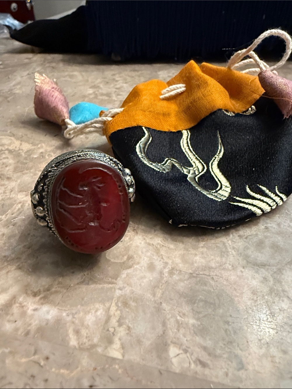 Antique Tibetan engraved, carnelian, nickel, silver embossed ring late 1800s